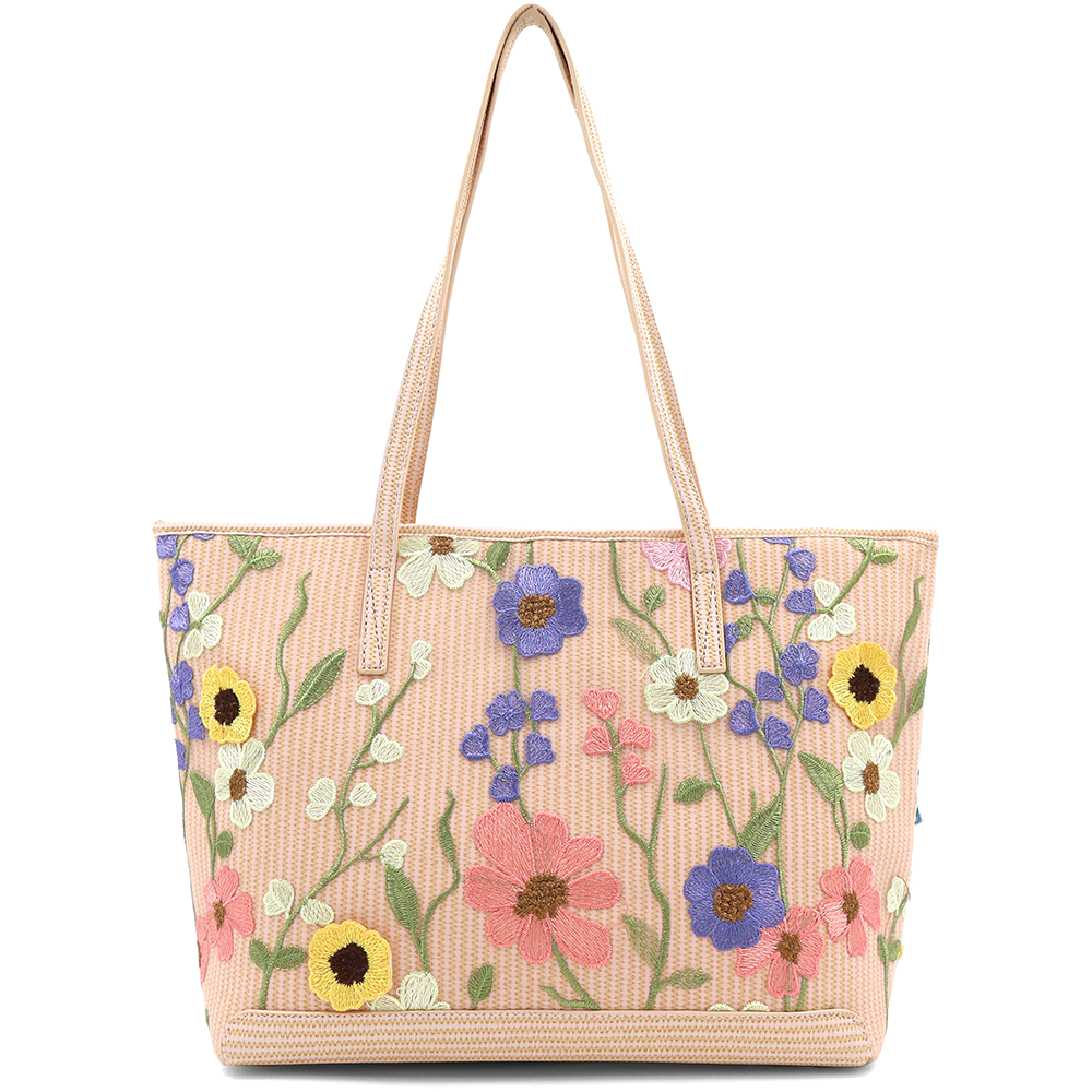 Nagy női táska típusú táska hímzett virágmintával – rózsaszín