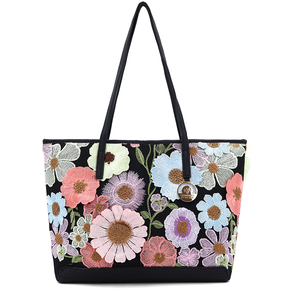 Nagy női táska típusú táska hímzett virágmintával – fekete