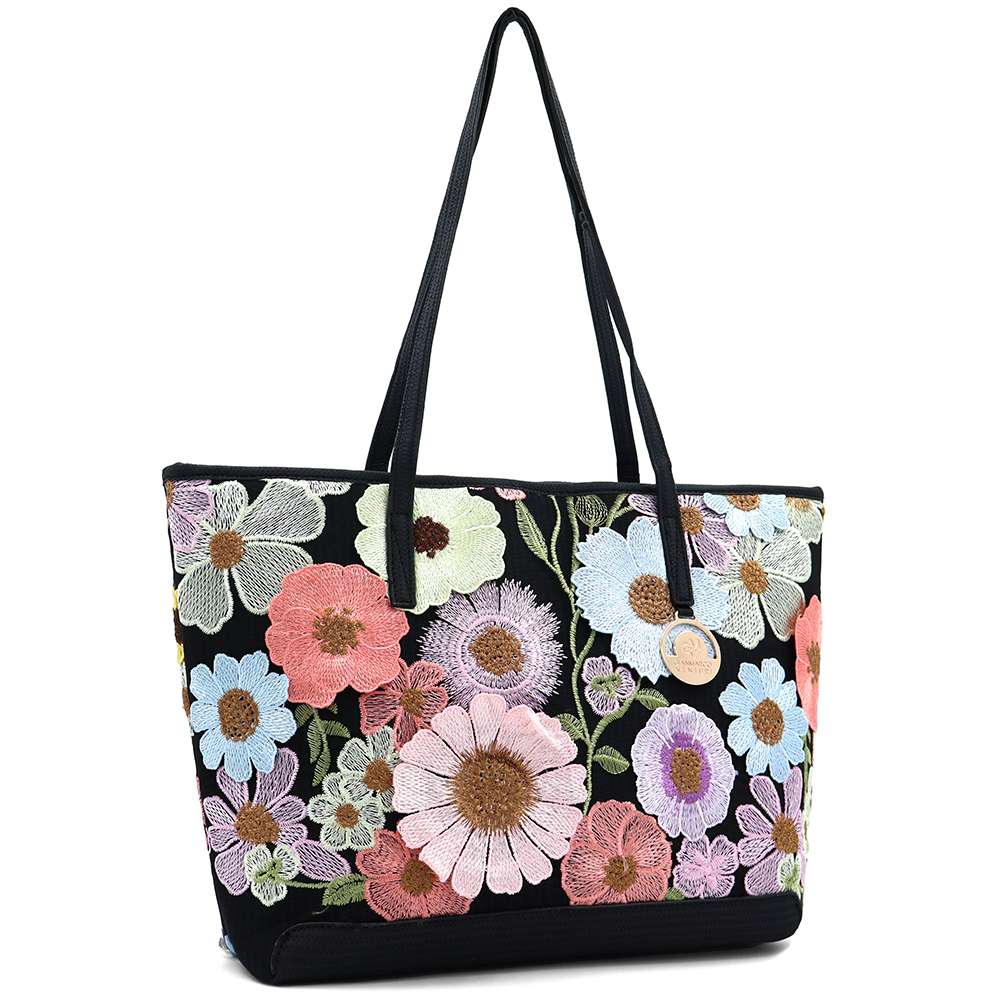 Nagy női táska típusú táska hímzett virágmintával – fekete