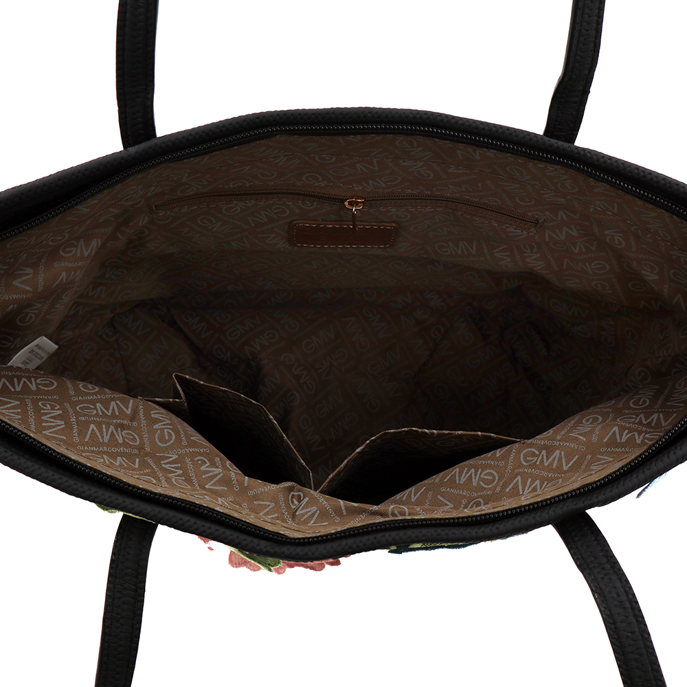 Nagy női táska típusú táska hímzett virágmintával – fekete