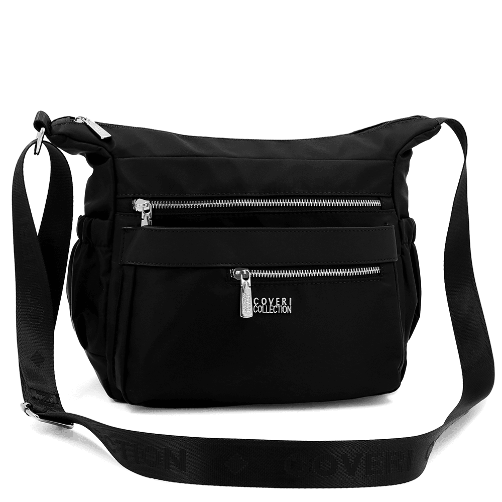 Női válltáska szövetből, sok zsebbel - fekete