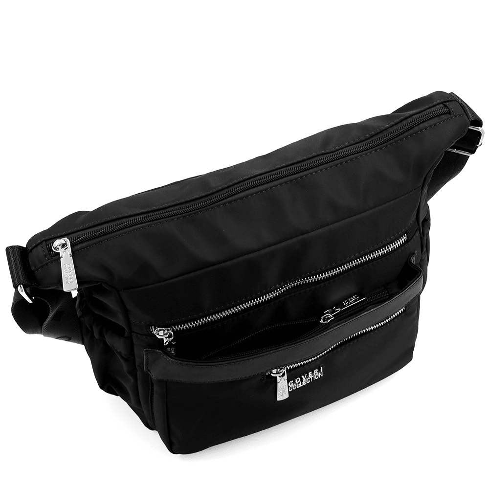 Női válltáska szövetből, sok zsebbel - fekete