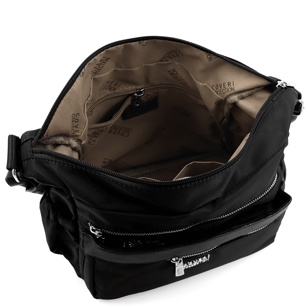 Női válltáska szövetből, sok zsebbel - fekete