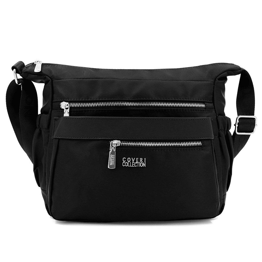 Női válltáska szövetből, sok zsebbel - fekete