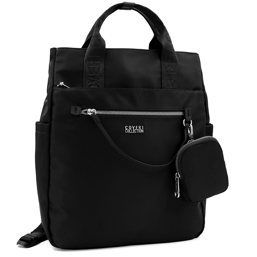 Női hátizsák szövetből, lógó pénztárcával - fekete