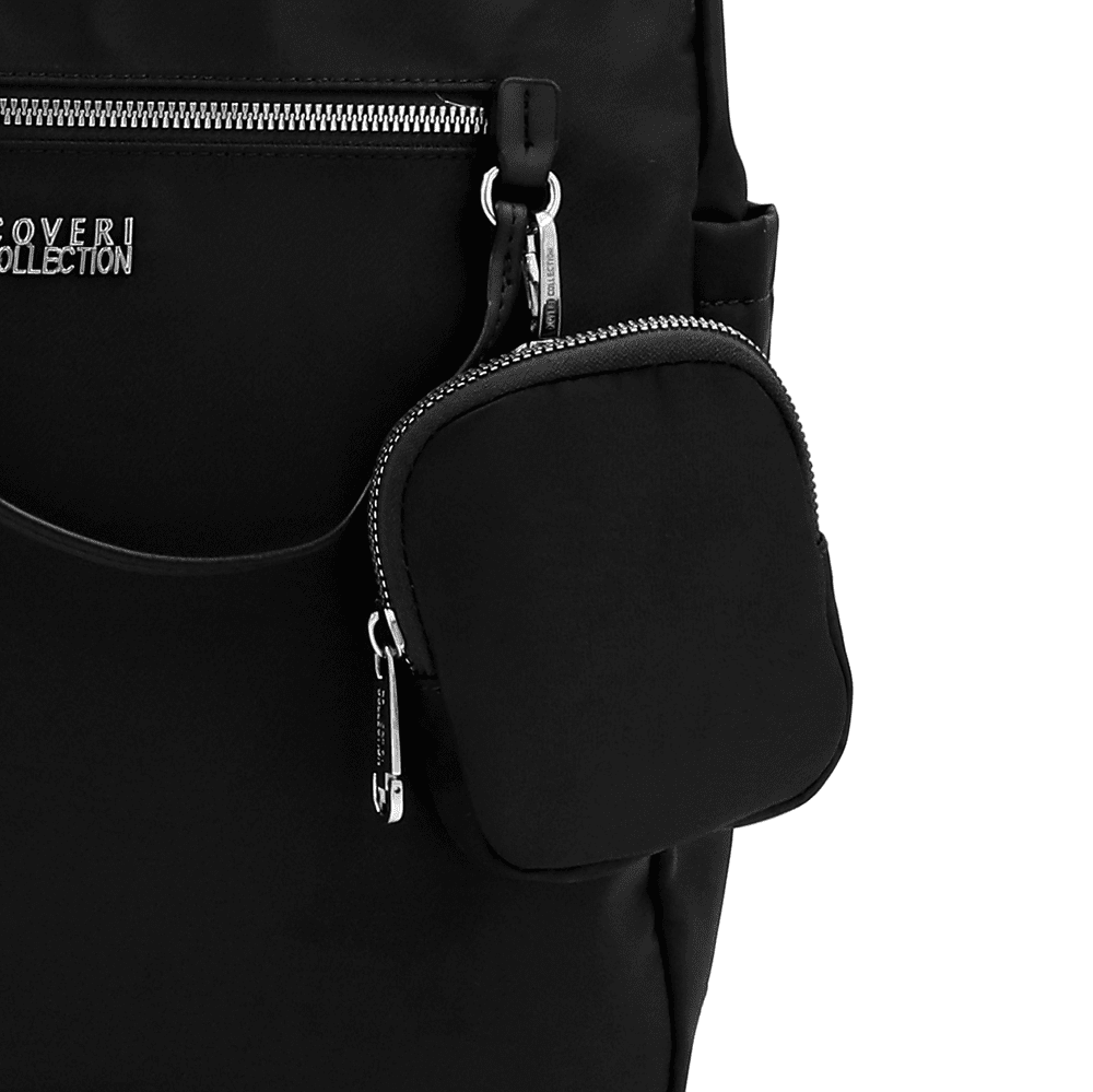 Női hátizsák szövetből, lógó pénztárcával - fekete