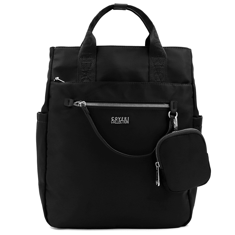 Női hátizsák szövetből, lógó pénztárcával - fekete