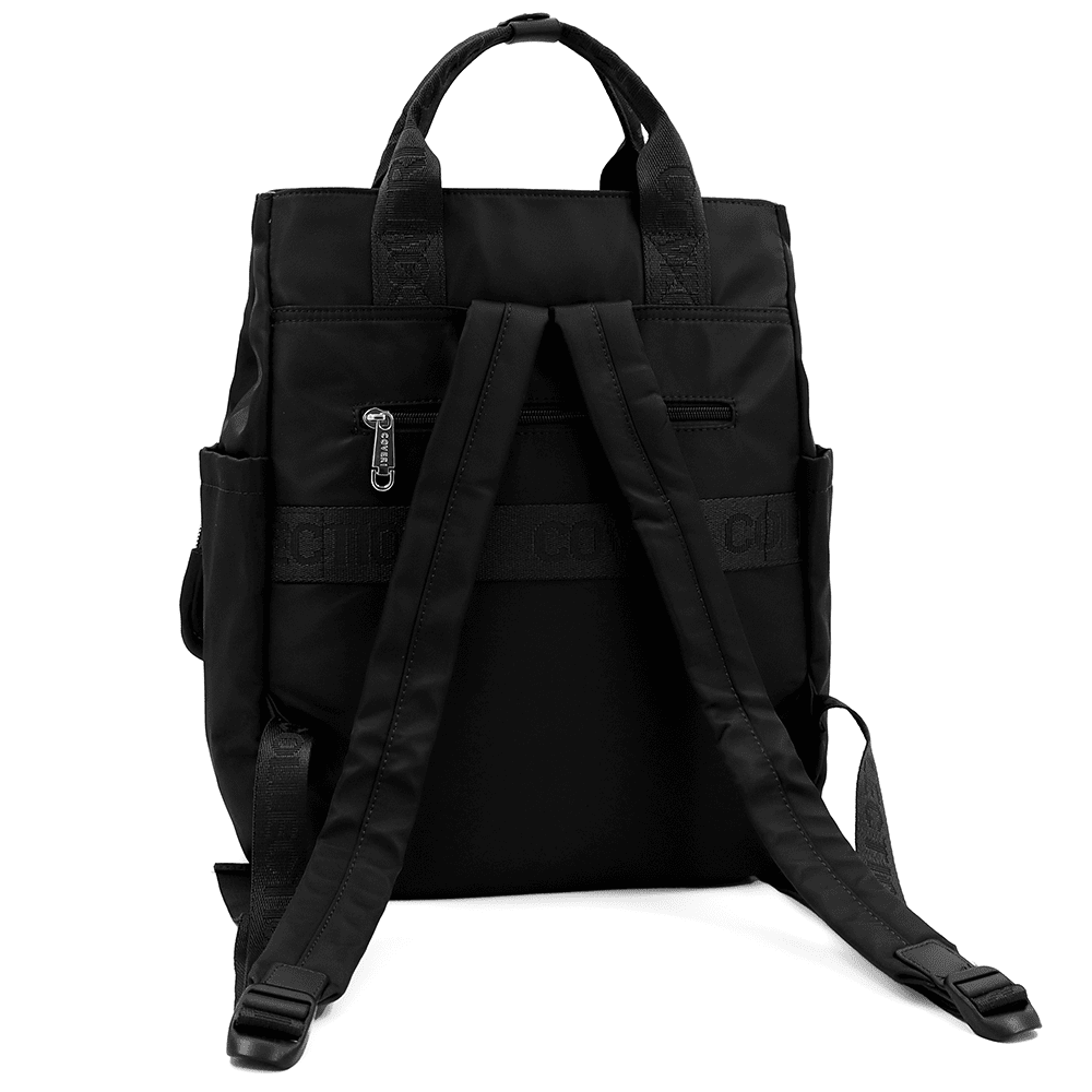 Női hátizsák szövetből, lógó pénztárcával - fekete