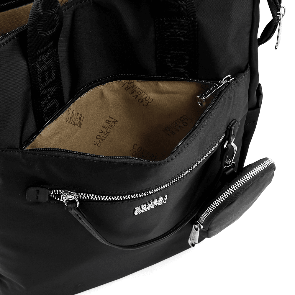 Női hátizsák szövetből, lógó pénztárcával - fekete