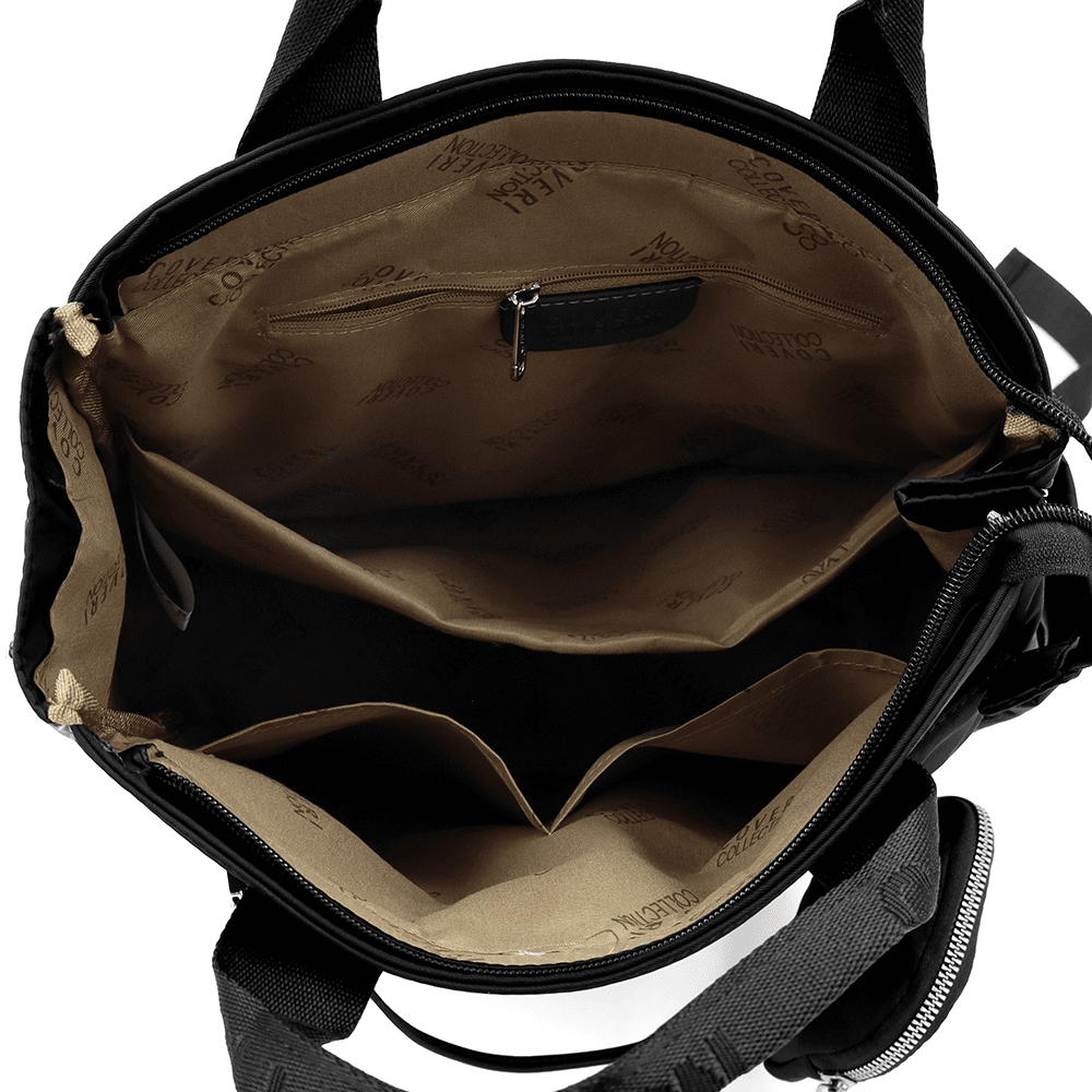 Női hátizsák szövetből, lógó pénztárcával - fekete