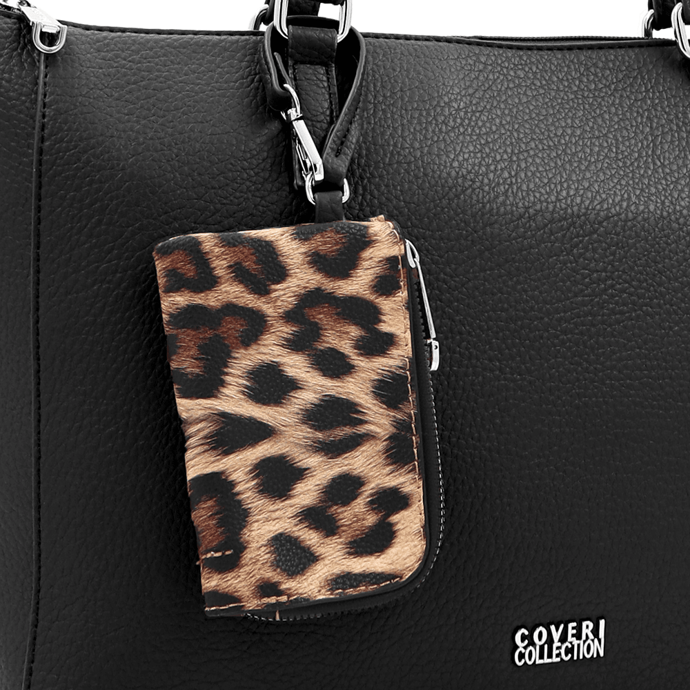 Táska típusú táska lógó pénztárcával, leopárd mintával Vanesa - fekete