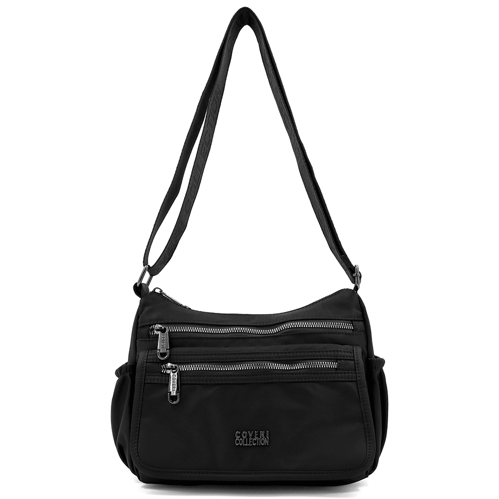 Női válltáska szövetből, sok zsebbel - fekete