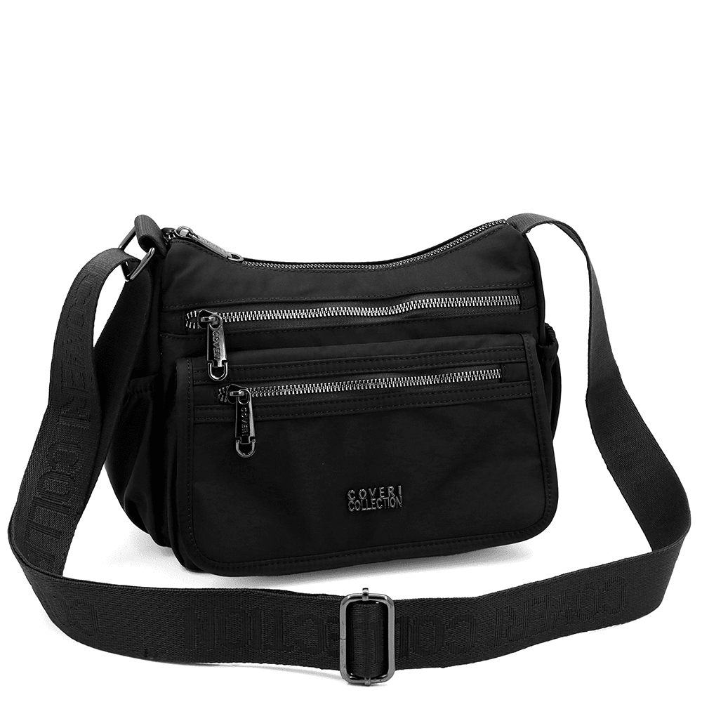 Női válltáska szövetből, sok zsebbel - fekete