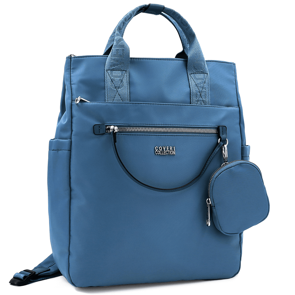 Női hátizsák szövetből, függő pénztárcával - kék