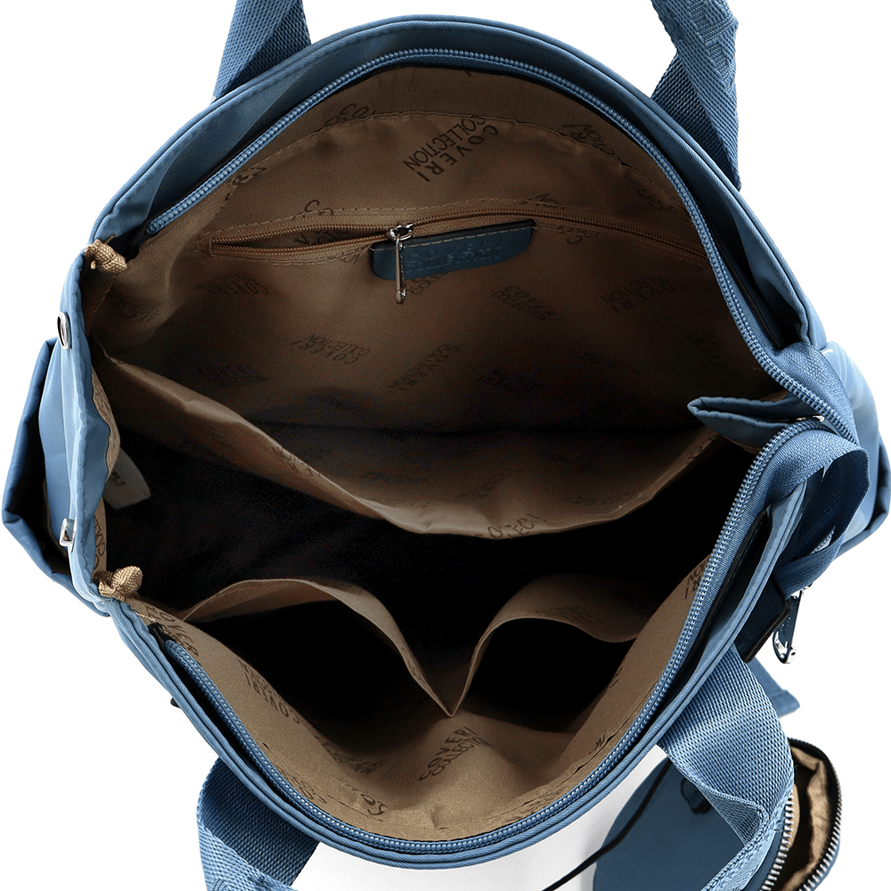 Női hátizsák szövetből, függő pénztárcával - kék