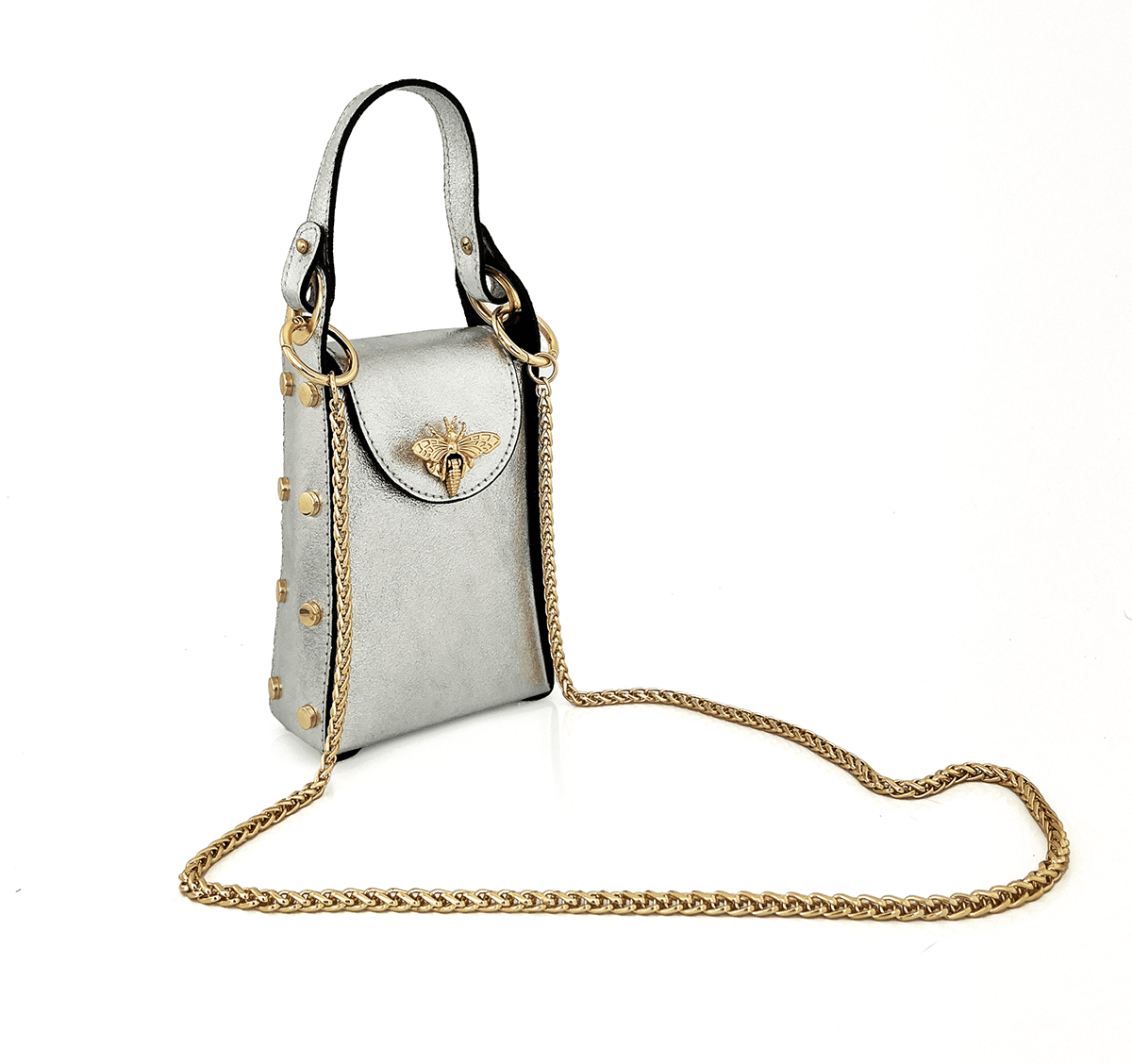 Női táska 2 fogantyúval, természetes bőrből, Azzurra  - ezüstös