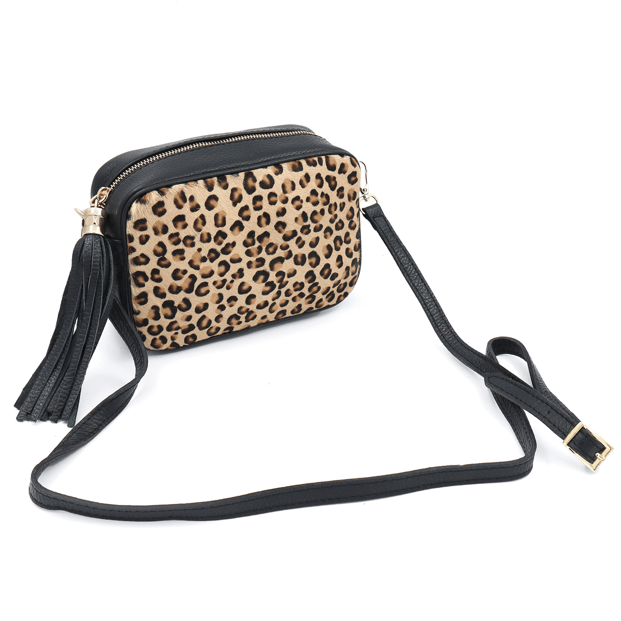 Természetes bőr válltáska állatmintával - fekete