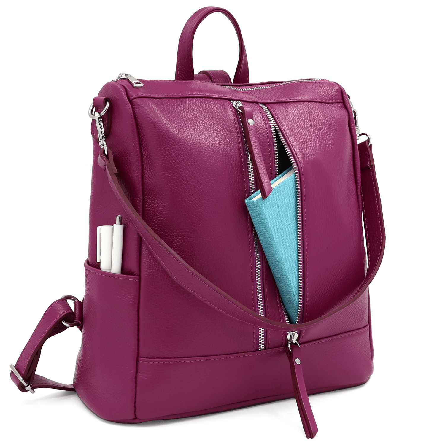 2 az 1-ben - Vittoria természetes bőr hátizsák és táska - sötét fukszia