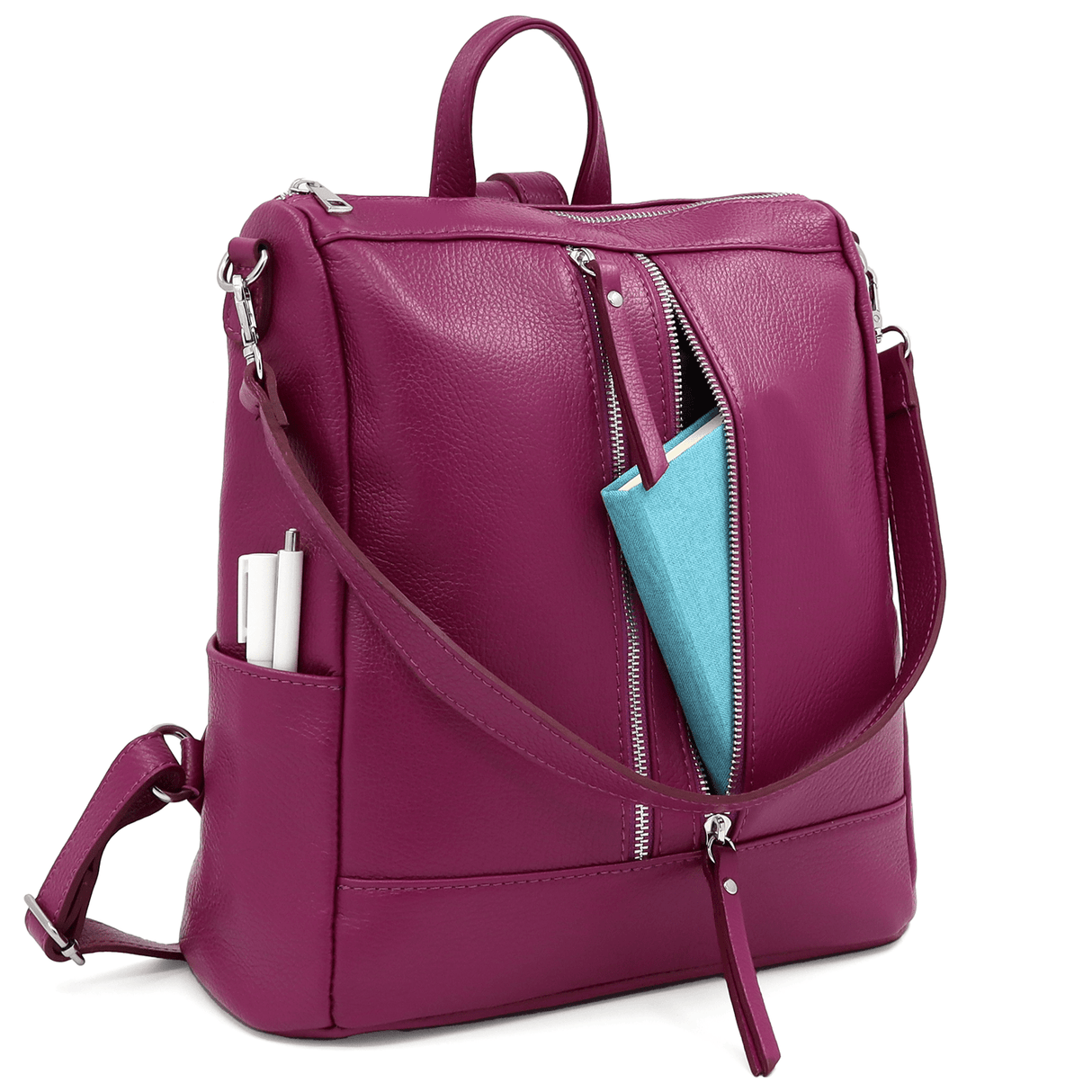 2 az 1-ben - Vittoria természetes bőr hátizsák és táska - sötét fukszia