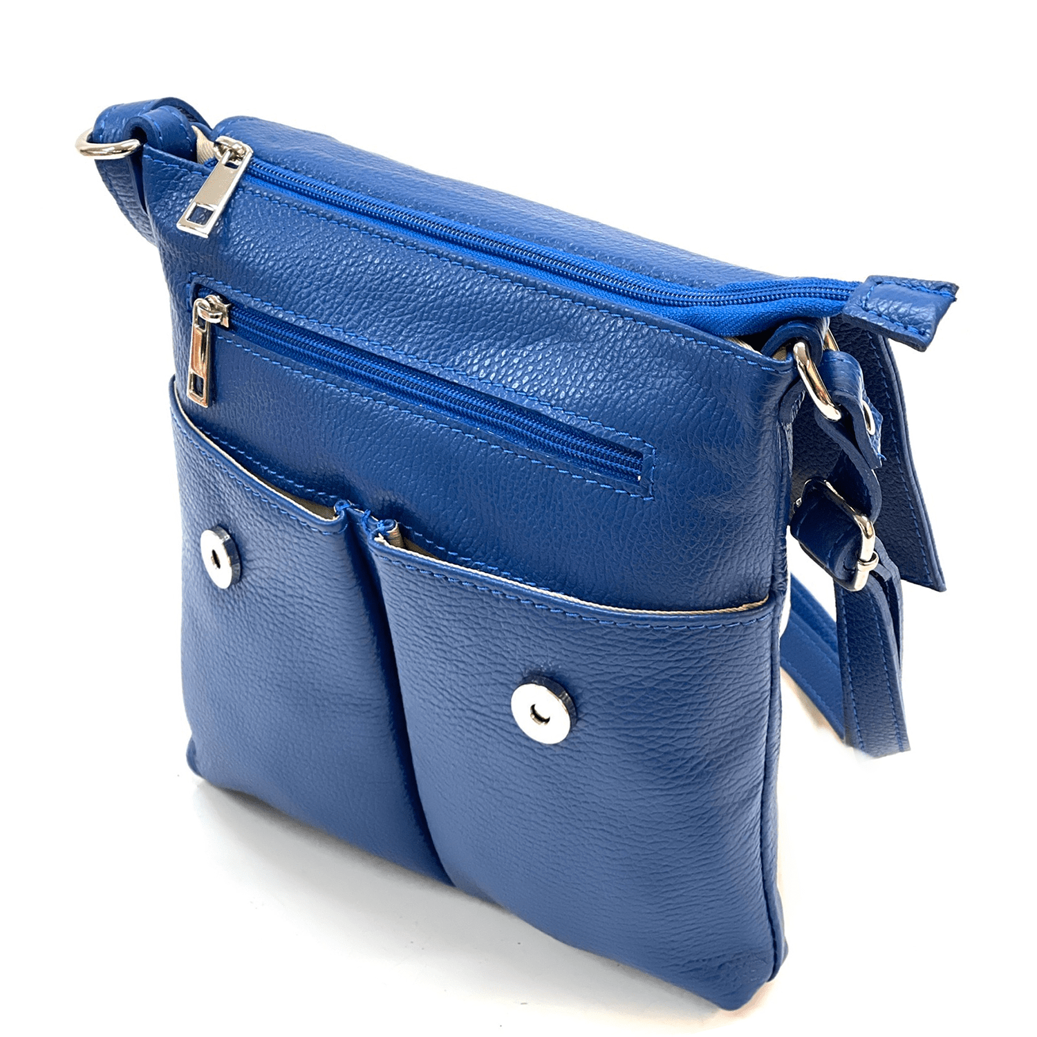 Természetes bőr válltáska sok zsebbel - kék