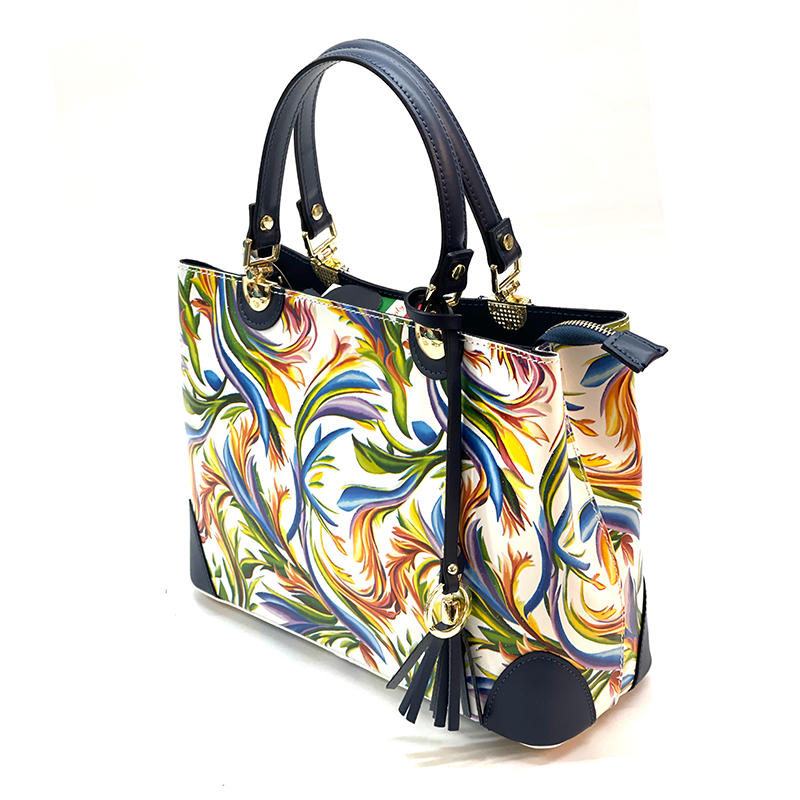 Női táska természetes bőrből, Alika nyomtatással - sötétkék