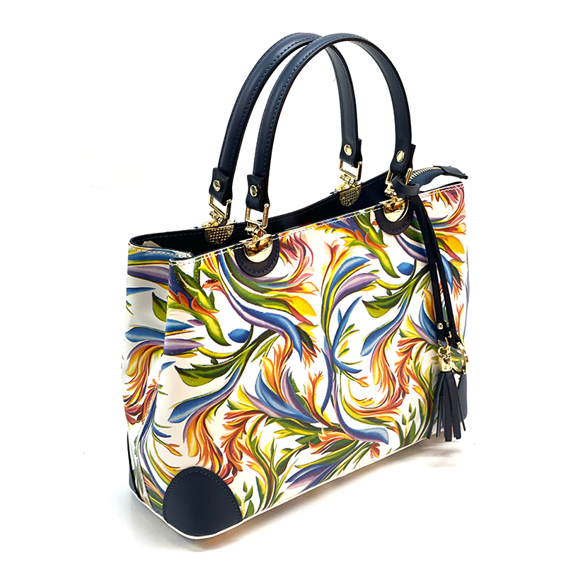 Női táska természetes bőrből, Alika nyomtatással - sötétkék