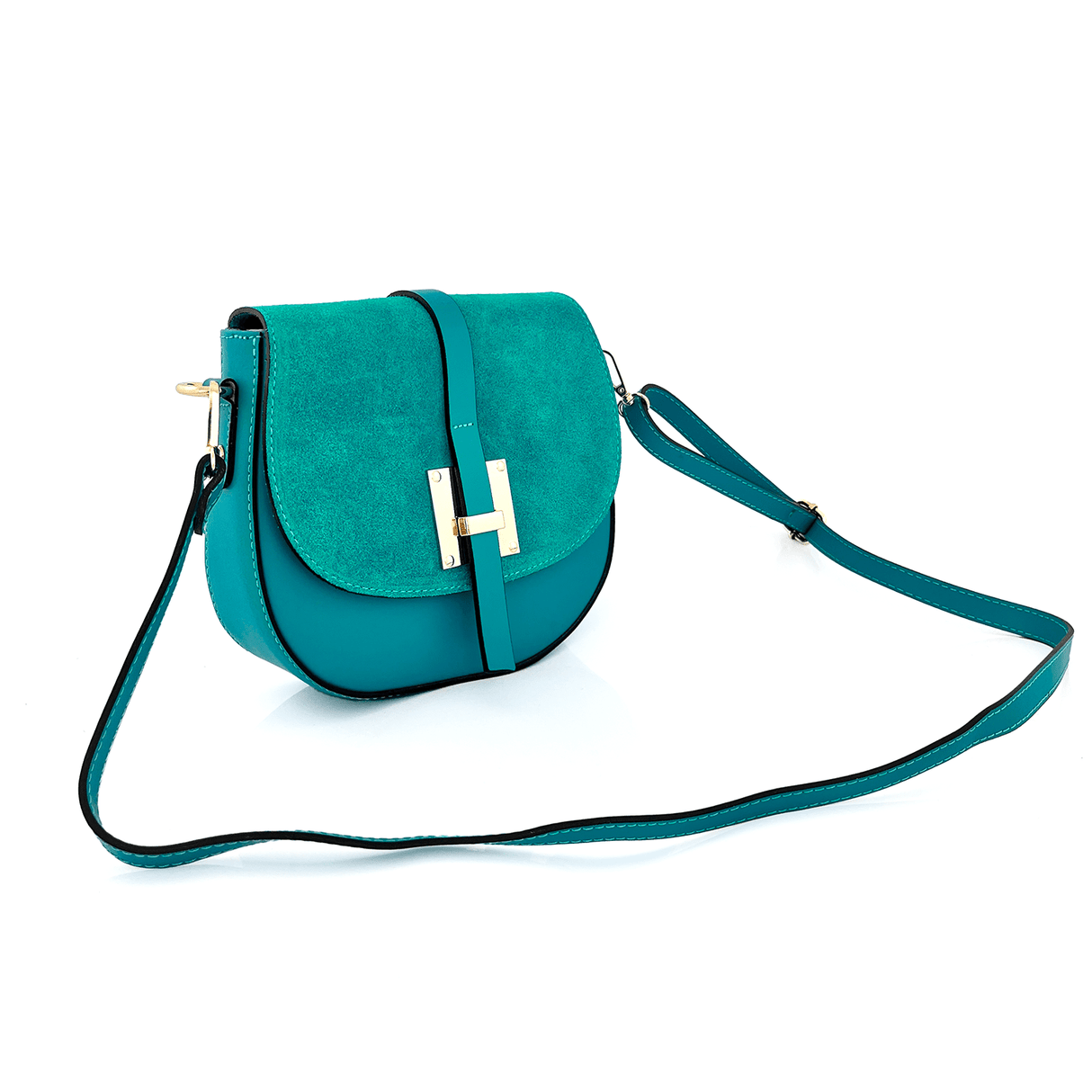 Andrea természetes bőr és velúr válltáska - türkiz