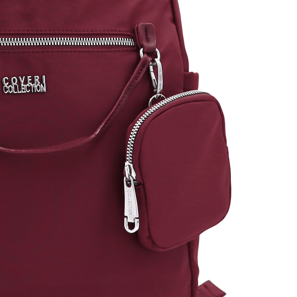 Női hátizsák szövetből, lógó pénztárcával - bordó