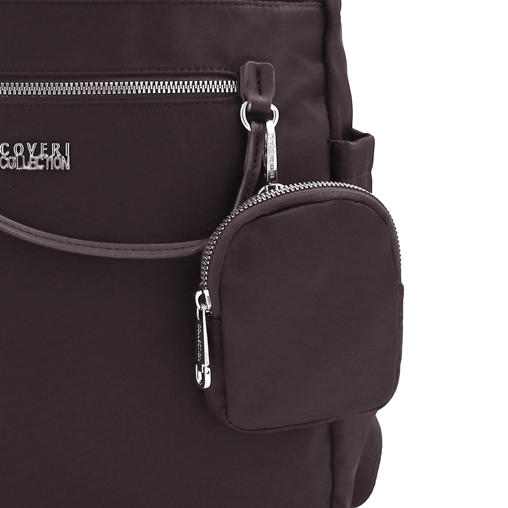 Női hátizsák szövetből, függő pénztárcával - sötétbarna