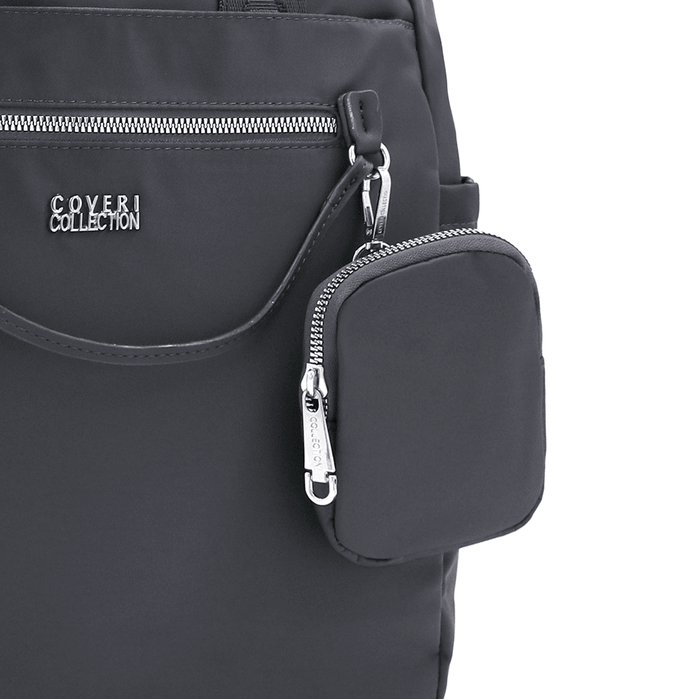 Női hátizsák szövetből, függő pénztárcával - szürke