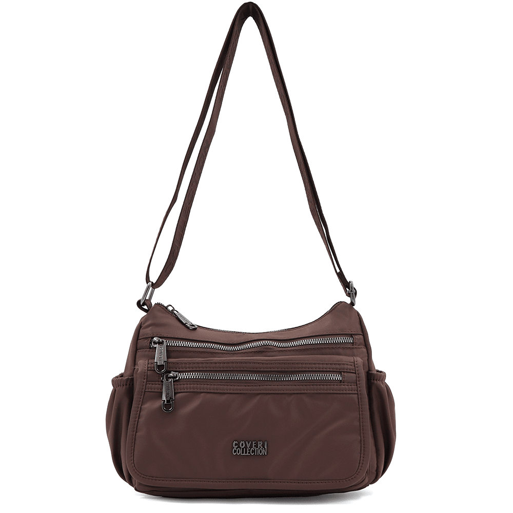 Női válltáska szövetből, sok zsebbel - sötétbarna