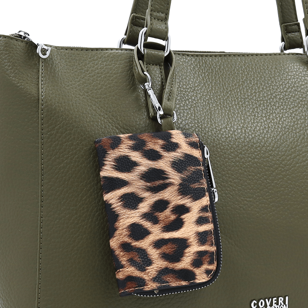 Táska típusú szatyor függő pénztárcával, leopárd mintával Vanesa - zöld