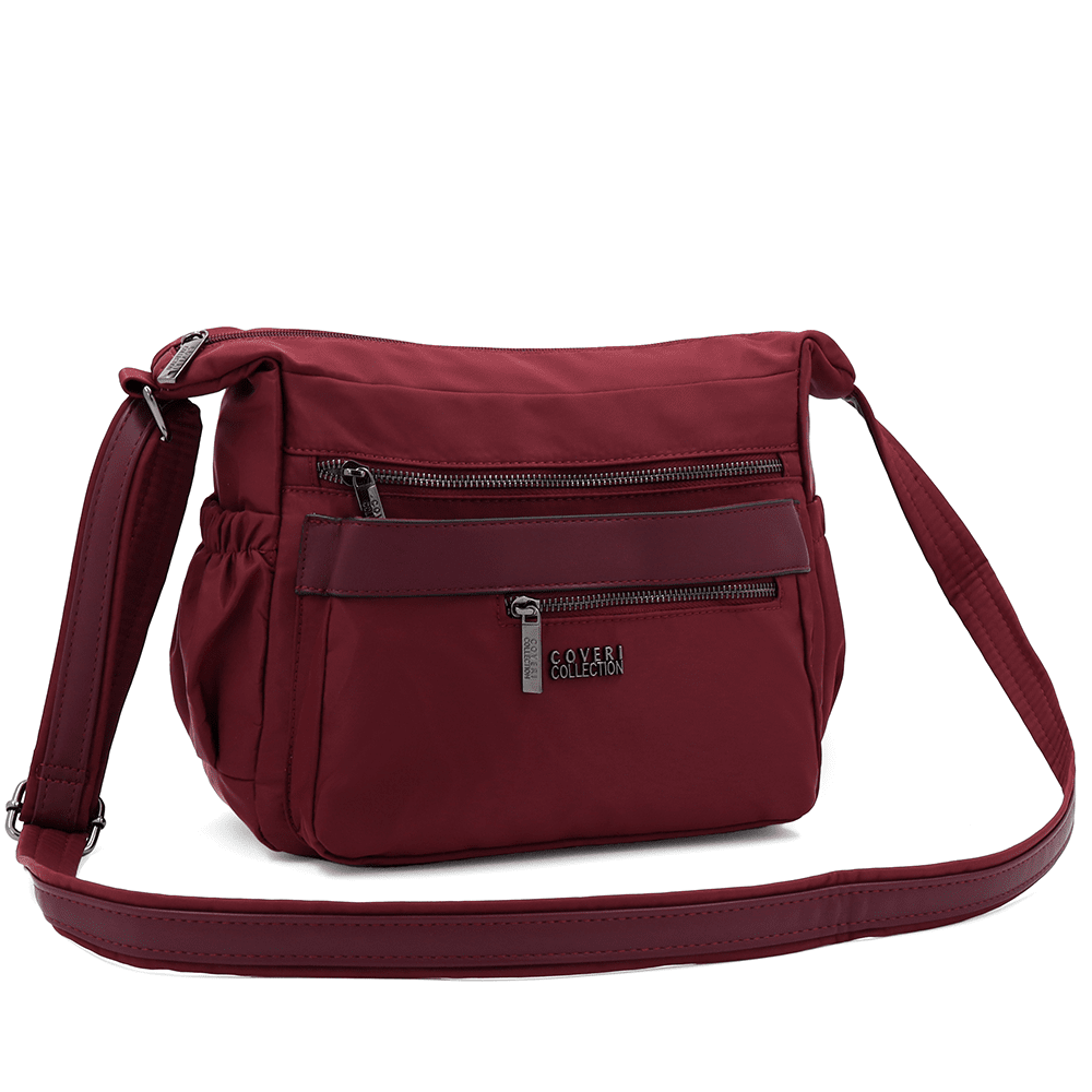 Női válltáska szövetből, sok zsebbel - bordó