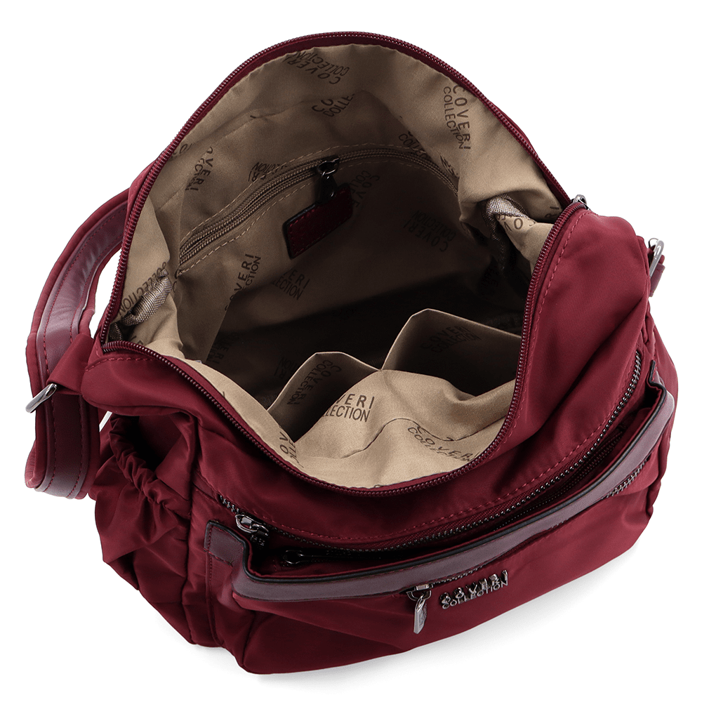 Női válltáska szövetből, sok zsebbel - bordó