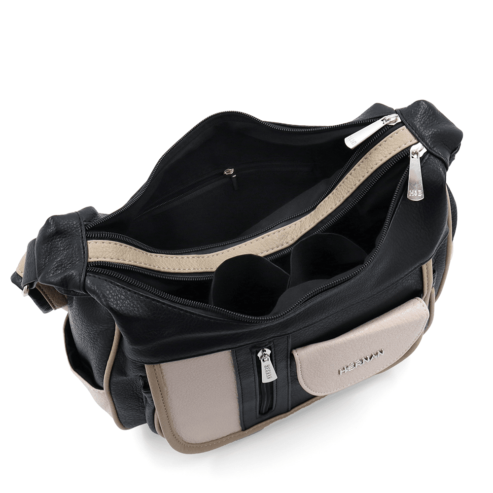 Válltáska 2 rekesszel és sok zsebbel - fekete/bézs