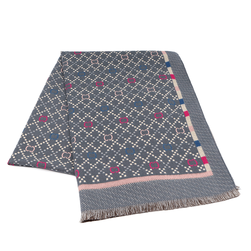 Двулицев шал с принт - сиво/бежово