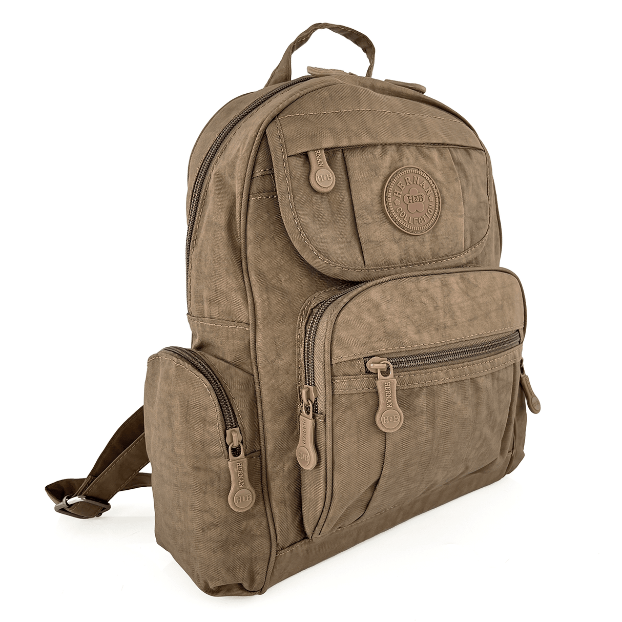 Női hátizsák szövetből, sok zsebbel - világosbarna