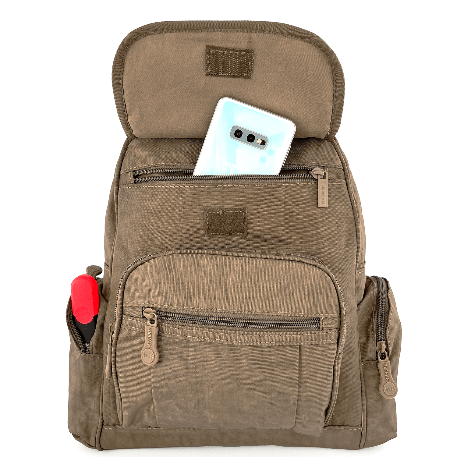 Női hátizsák szövetből, sok zsebbel - világosbarna