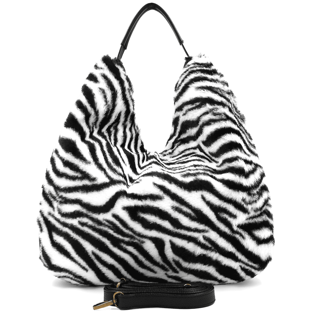 Nagy női táska, zsák típusú, öko szőrből, állati mintával - zebra