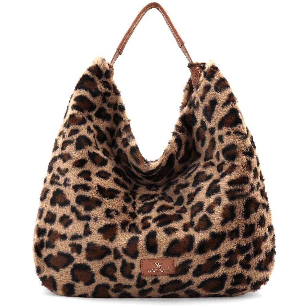 Nagy női táska, zsák típusú, öko szőrből, állati mintával - leopárd/téglaszínű barna