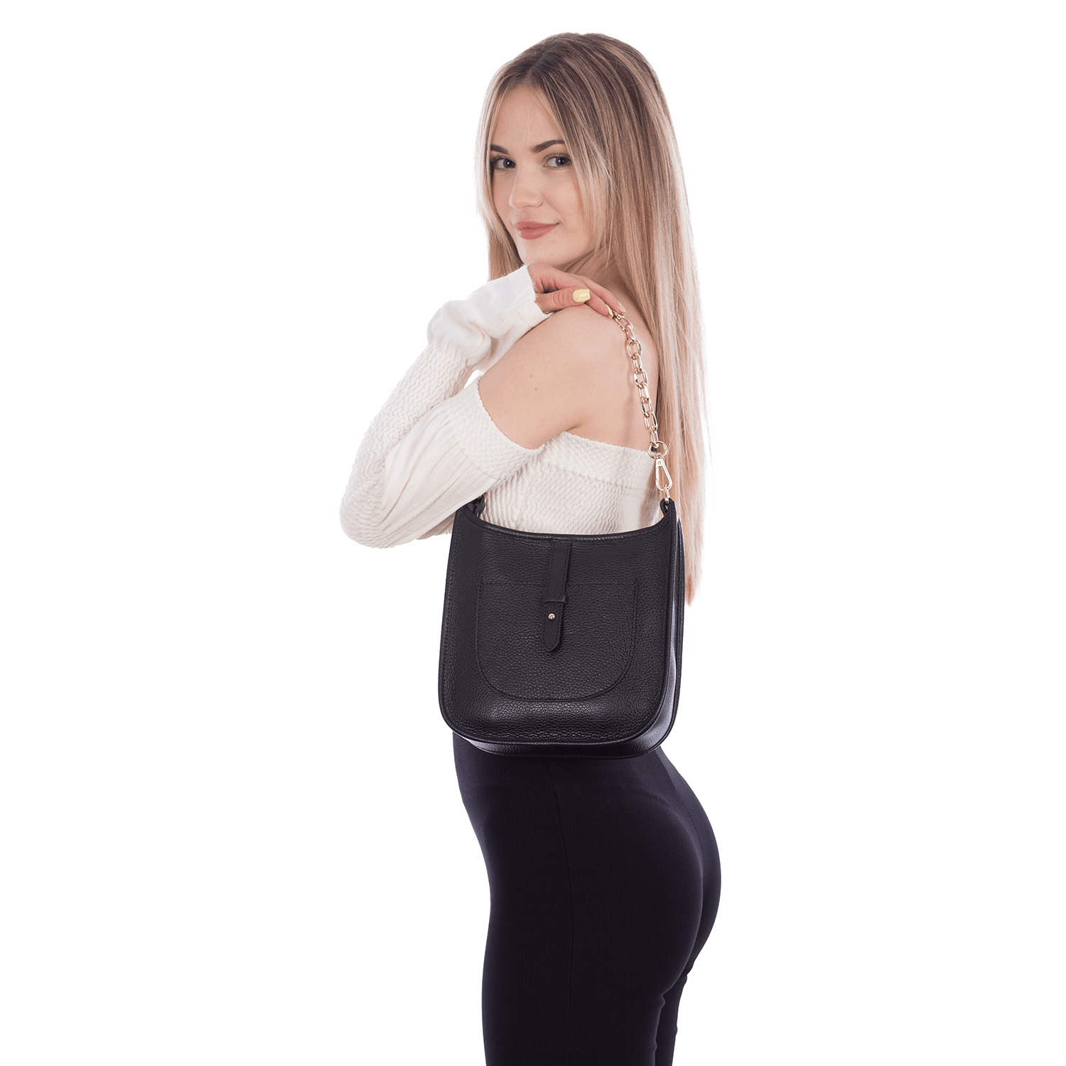 Női táska 2 fogantyúval természetes bőrből Lena - fekete