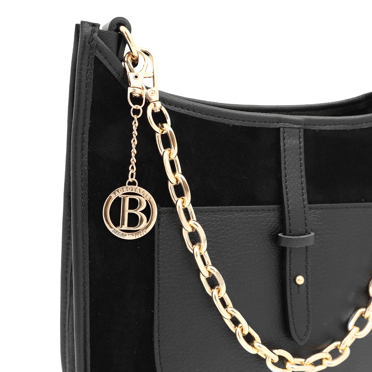 Női táska természetes bőrből és velúrból, 2 fogantyúval, Marisol - fekete