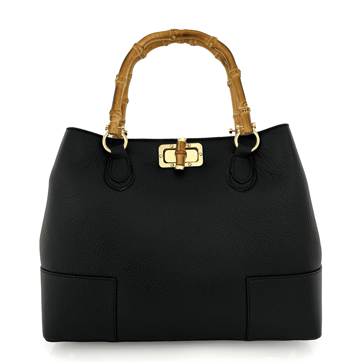 Női táska természetes bőrből, bambusz fogantyúkkal - fekete