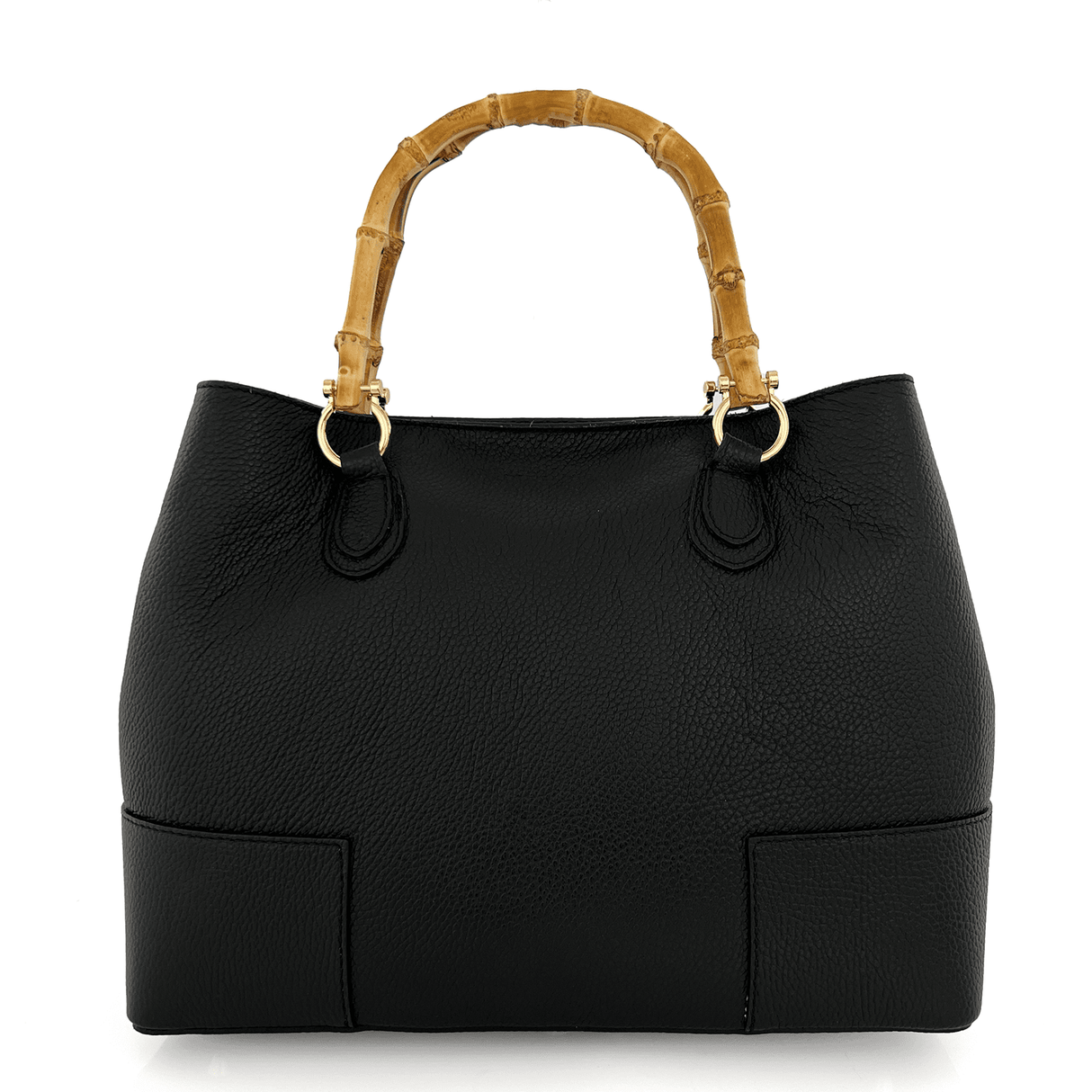 Női táska természetes bőrből, bambusz fogantyúkkal - fekete