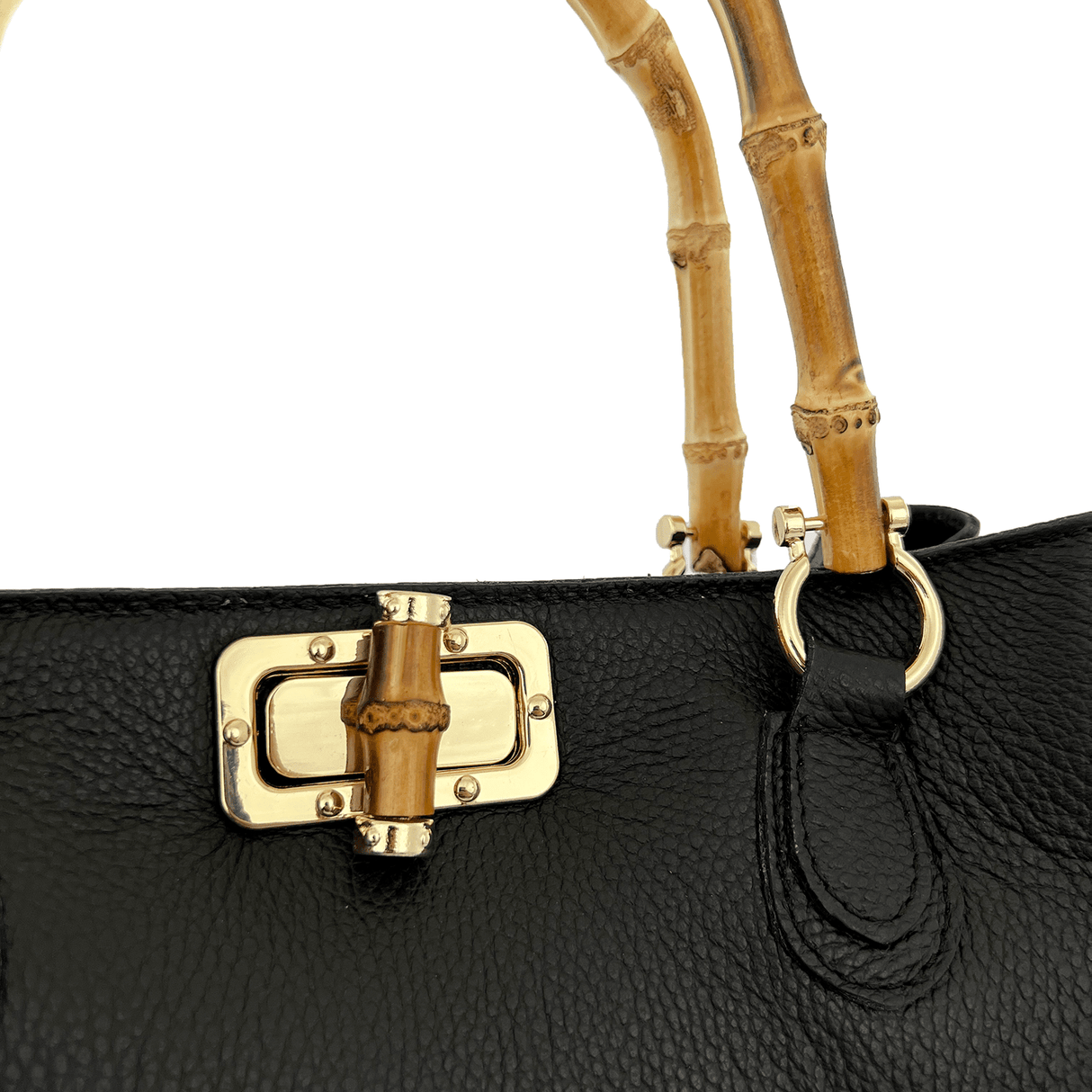 Női táska természetes bőrből, bambusz fogantyúkkal - fekete