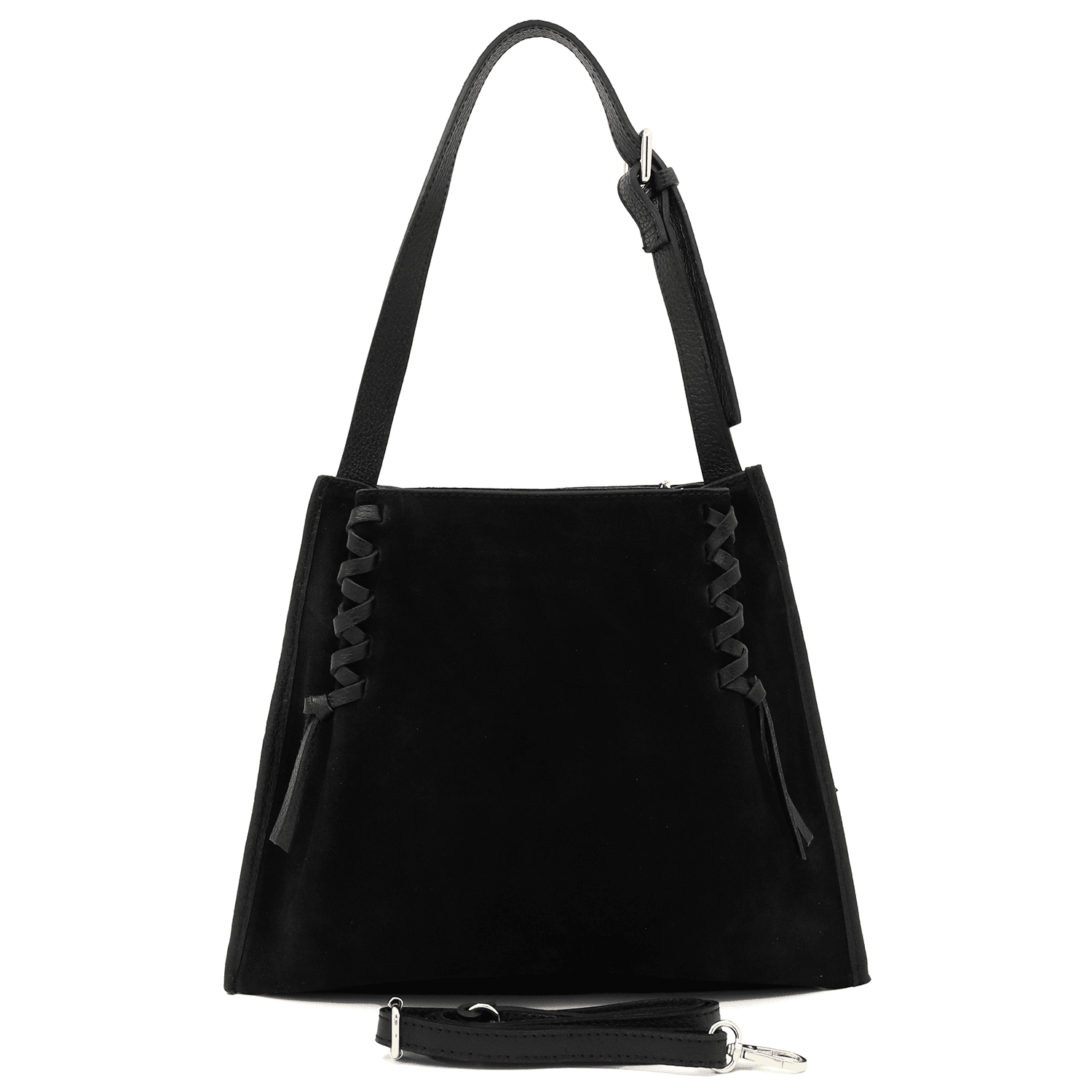 Női táska természetes bőrből és velúrból, 2 fogantyúval, Gabriella - fekete