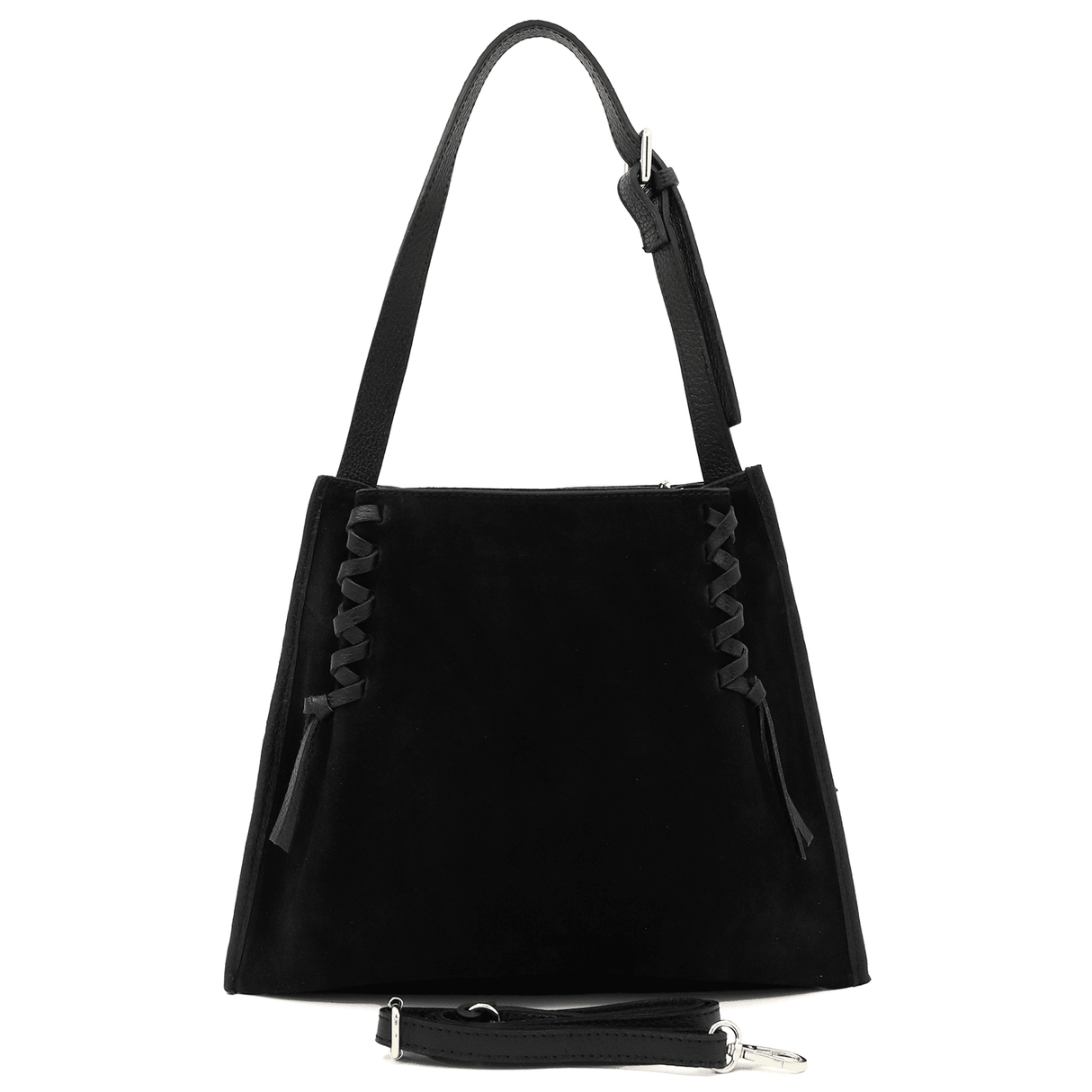 Női táska természetes bőrből és velúrból, 2 fogantyúval, Gabriella - fekete