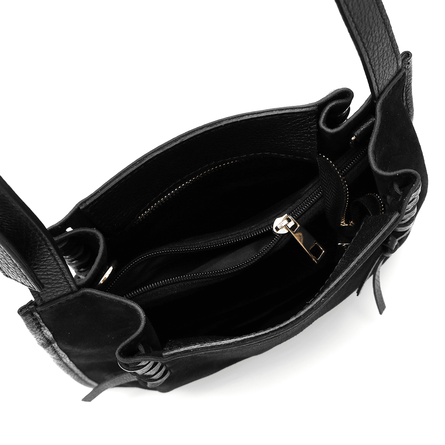 Női táska természetes bőrből és velúrból, 2 fogantyúval, Gabriella - fekete