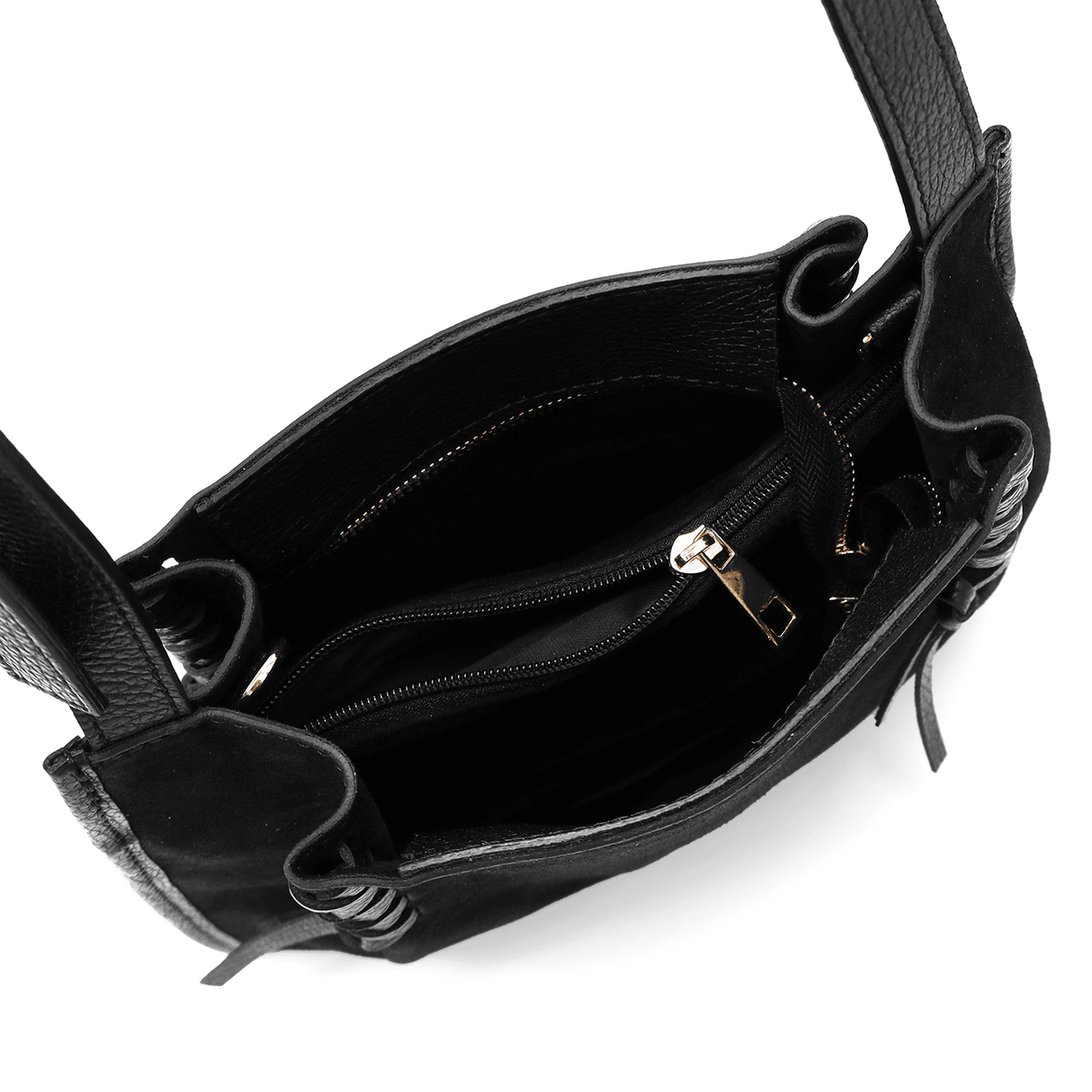 Női táska természetes bőrből és velúrból, 2 fogantyúval, Gabriella - fekete