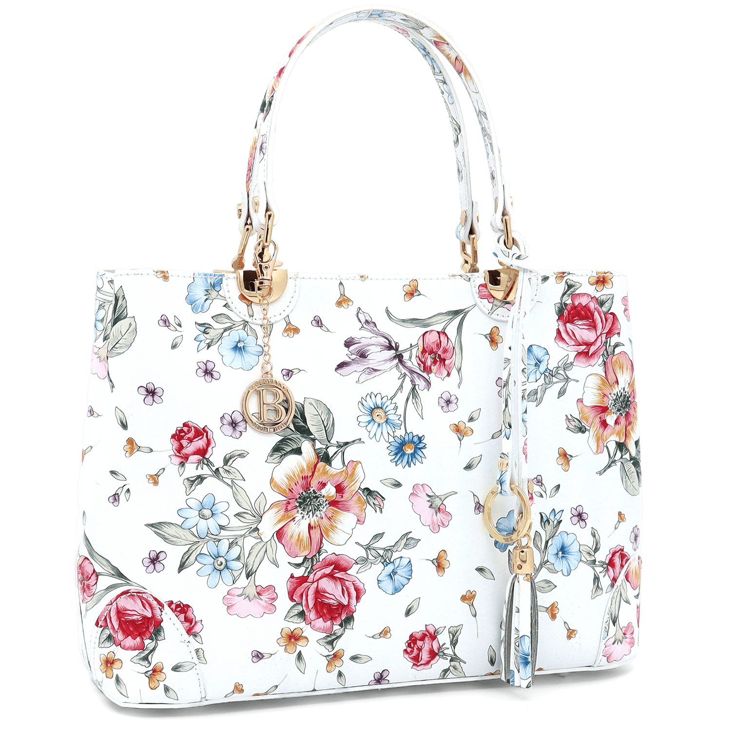 Női táska természetes bőrből, Alika nyomtatással - fehér